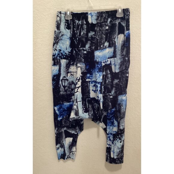Abstract Print Drop Crotch Pants In Blue & Black Size M - Picture 3 of 4